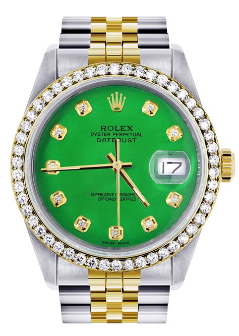 gold rolex green face diamond|Rolex gold with green dial.